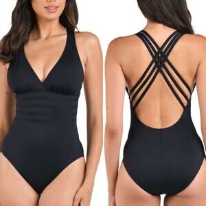 La Blanca Island Goddess Multi-Strap Cross-Back One Piece Black Women's 6 NWT